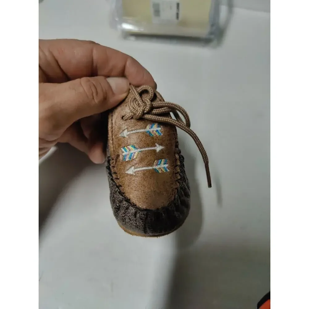 Baby Moccasins by Old West Brown Leather Shoes Toddler Size 1 Very Soft Sole.